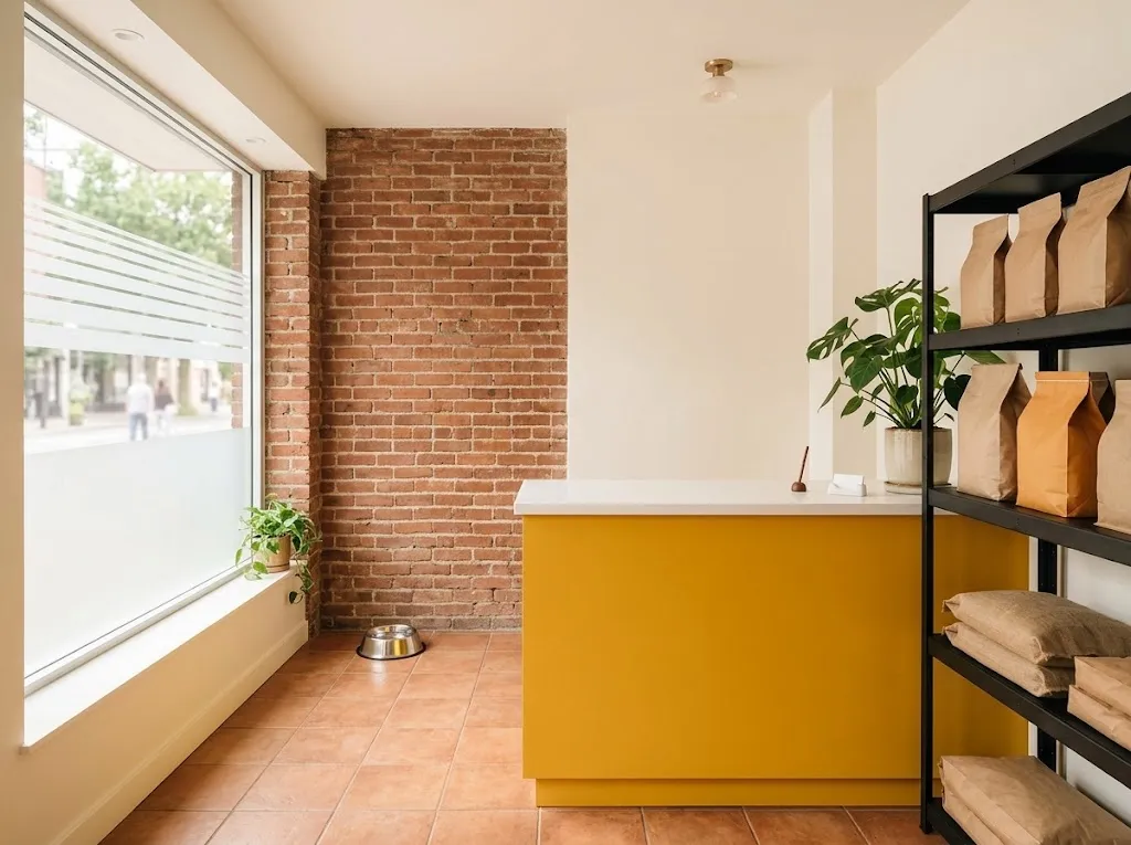 Uma receção de clínica pequena e luminosa, com balcão amarelo e uma taça de água