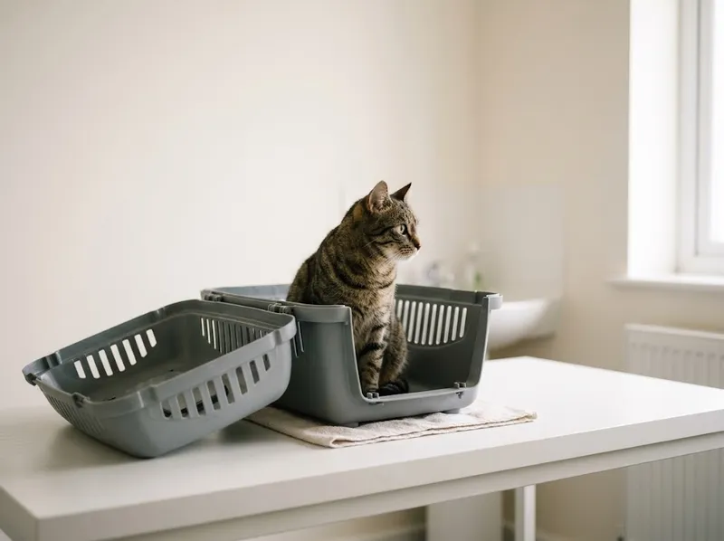 Um gato sentado numa transportadora aberta, numa mesa de consulta