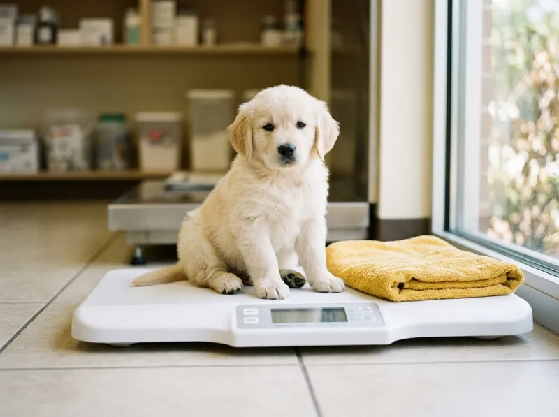 Um cachorro numa balança de clínica