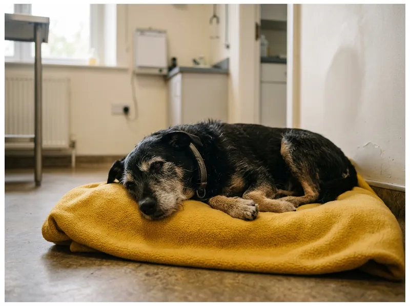 Um cão mais velho a descansar numa manta, na clínica