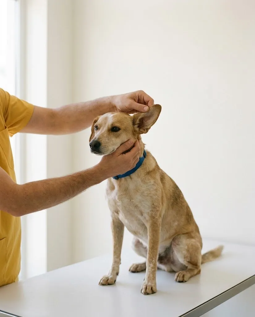Uma veterinária a examinar com calma um cão numa mesa de consulta branca